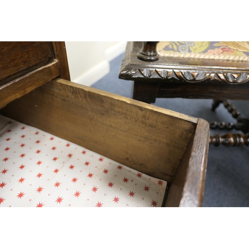 697 - Small oak bureau, 19th Century conversion, having a slope front opening to an interior with cupboard... 