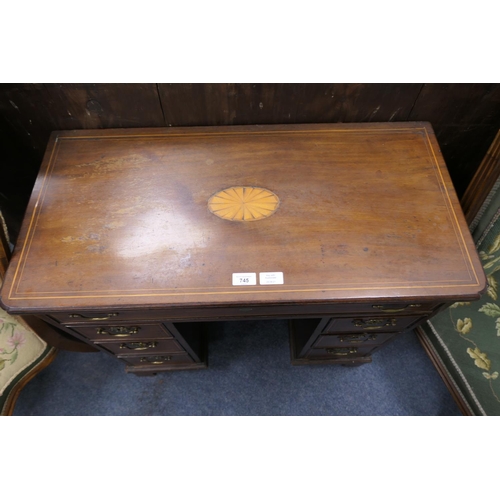 745 - George III mahogany and inlaid kneehole desk, circa 1800 and later, the top with satinwood and harew... 