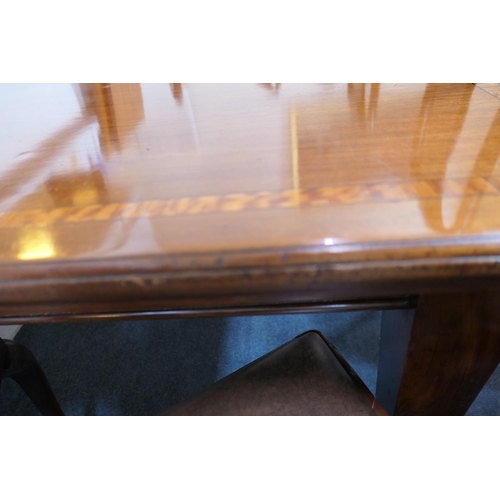 761 - Late Victorian mahogany satinwood banded wind out dining table, with two additional leaves, raised o... 