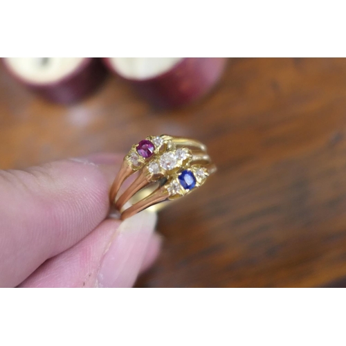 392 - Victorian gem set trinity ring, hallmarked Birmingham 1886, having three conjoined rings set with di... 