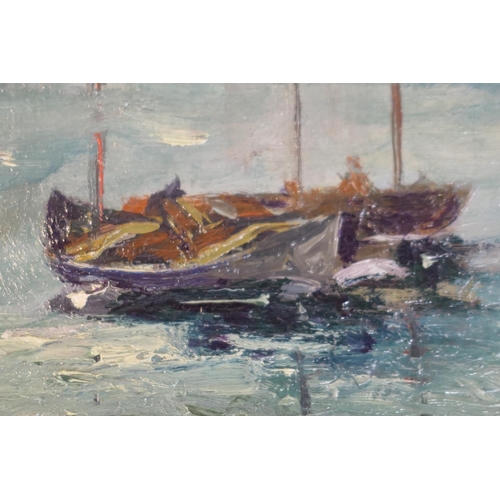 529 - Robert Hope (1869-1936), Boats in a harbour at high tide, signed oil on canvas, 35cm x 44cm