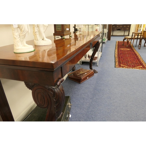 683 - George IV mahogany servery, rectangular top with two frieze drawers raised on bold acanthus carved s... 