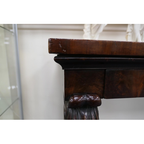 683 - George IV mahogany servery, rectangular top with two frieze drawers raised on bold acanthus carved s... 