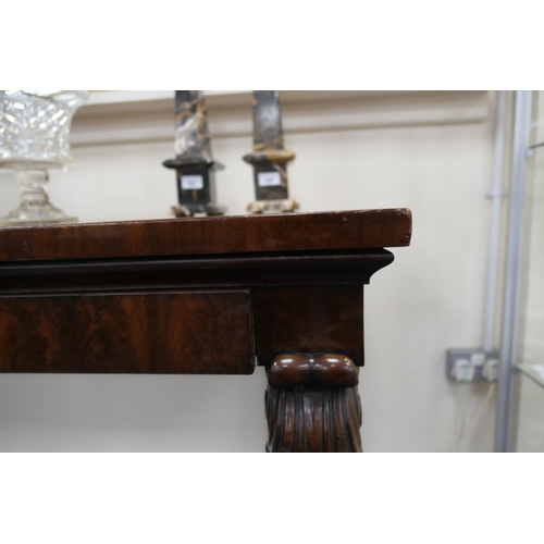 683 - George IV mahogany servery, rectangular top with two frieze drawers raised on bold acanthus carved s... 