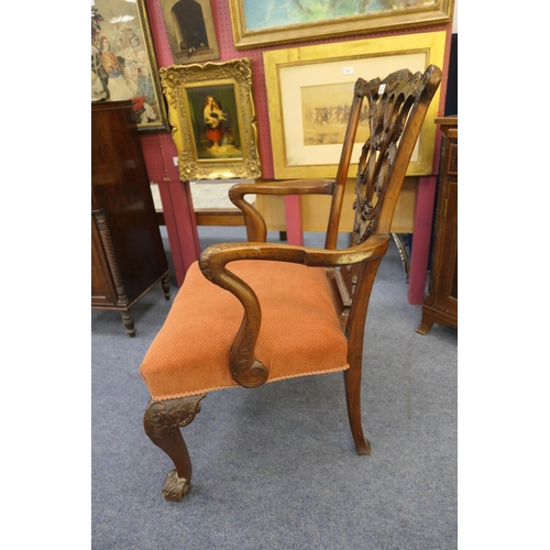 693 - Chippendale style carved mahogany armchair, possibly Irish, 19th Century, interlaced carved splat ba... 