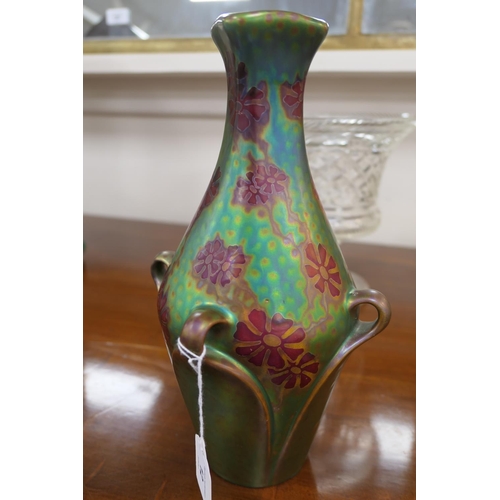 12 - Zsolnay Pecs Eosin vase, in Art Nouveau style, modelled with a waisted square section neck on a balu... 