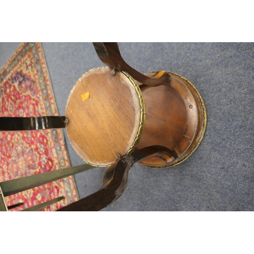 776 - Pair of Italian mahogany and inlaid two tier tables, each with a brass galleried circular top centre... 