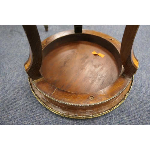 776 - Pair of Italian mahogany and inlaid two tier tables, each with a brass galleried circular top centre... 