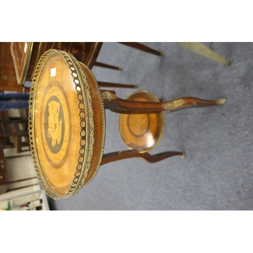 776 - Pair of Italian mahogany and inlaid two tier tables, each with a brass galleried circular top centre... 