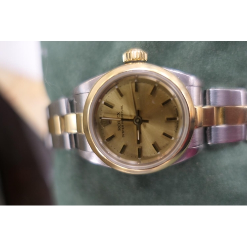 398 - Rolex Oyster Perpetual lady's bi-colour wristwatch, circa 1986, serial no. 85*****, gold coloured 18... 