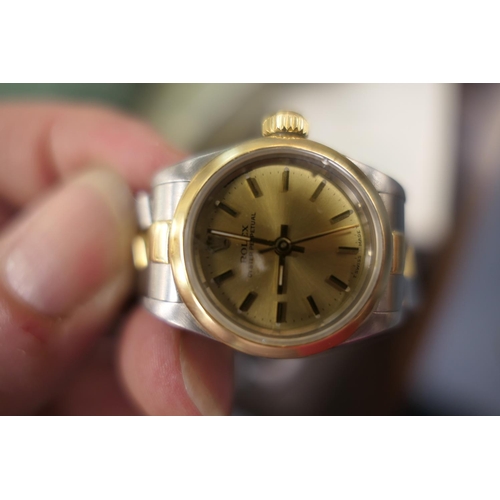 398 - Rolex Oyster Perpetual lady's bi-colour wristwatch, circa 1986, serial no. 85*****, gold coloured 18... 