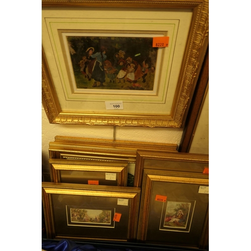 100 - Seven gilt framed prints including two Le Blonde coloured prints, circa 1890, including 'The gleaner... 