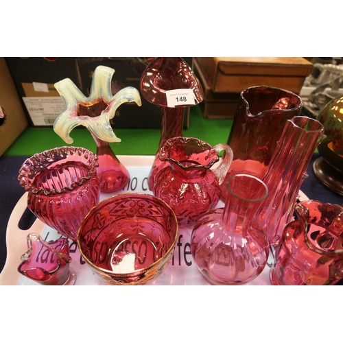 148 - Cranberry and ruby tinted glassware including Jack in the Pulpit vase