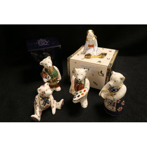 187 - Four Royal Crown Derby china teddy bears, three with boxes; also Royal Crown Derby 'Treasures of Chi... 