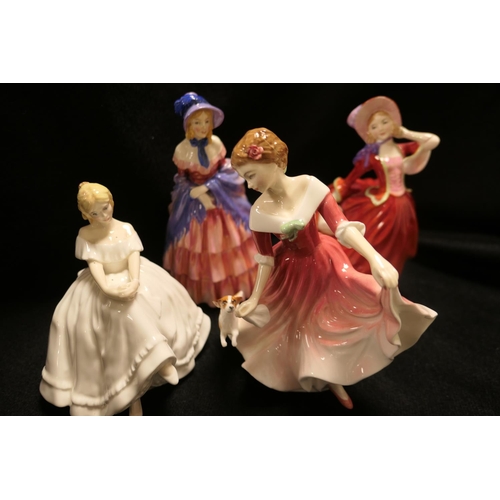 199 - Royal Doulton china figure of a Victorian lady; also three further Royal Doulton figurines