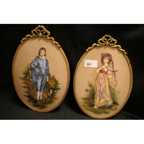 201 - Pair of hand decorated porcelain plaques, 'The Blue Boy' and 'The Pink Lady' after Sir Thomas Lawren... 