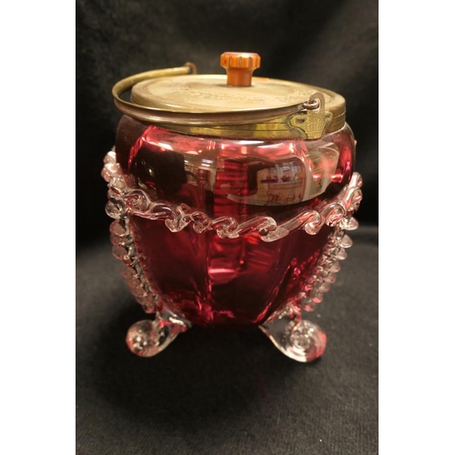 212 - Victorian cranberry glass biscuit barrel