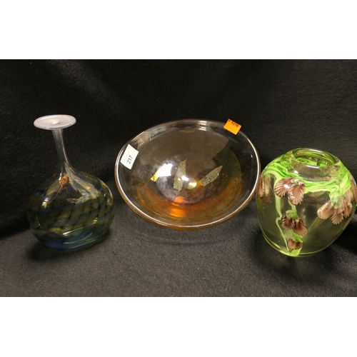 217 - Caithness glass rainbow shallow bowl, signed Sarah Peters; also a glass bottle vase entitled 'Midnig... 