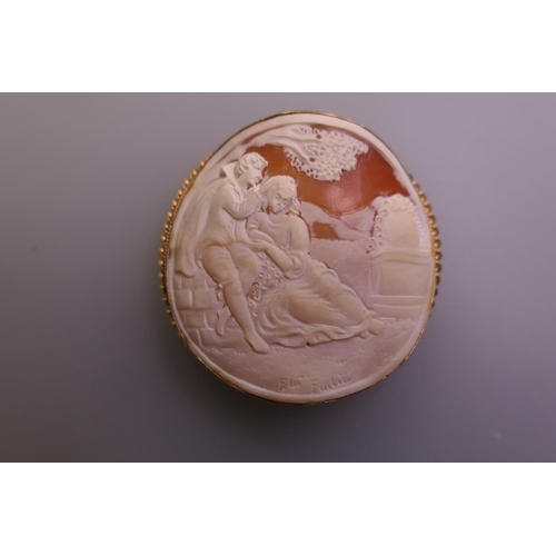 354 - Italian 9ct gold mounted carved shell cameo brooch, indistinctly signed 'Fuilio', 5.5cm diameter