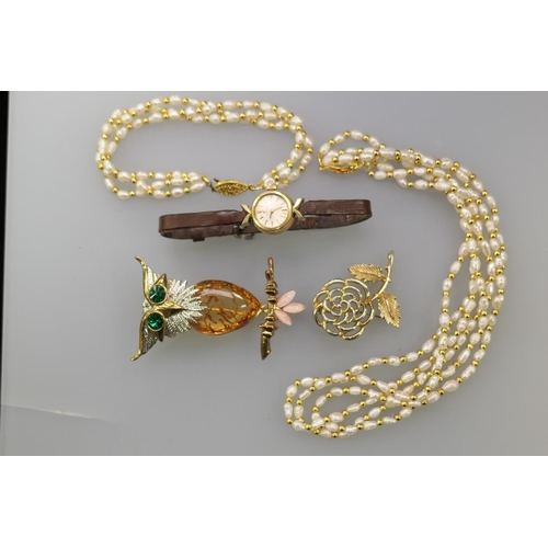 397 - Lady's Omega manual wind wristwatch, circa 1960s, freshwater pearl necklace, two decorative brooches