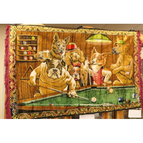 468 - 'The pool shark', modern cotton tapestry wall hanging; also two tapestries after Louis Wain (3)