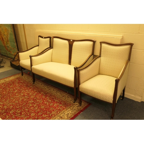 488 - Late Victorian or Edwardian mahogany inlaid and upholstered three piece salon suite, sofa width 123c... 