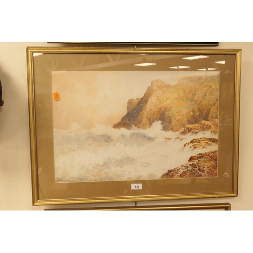 519 - Arthur Suker, 'Crashing waves on a coastline', signed watercolour, 38cm x 58cm