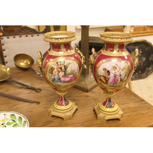 533 - Decorative pair of Vienna style ormolu mounted pedestal vases (with damages and without covers)