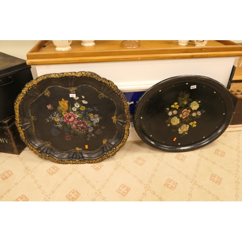 548 - Victorian floral painted black lacquered serving tray, mid 19th Century, 78cm; also a further painte... 