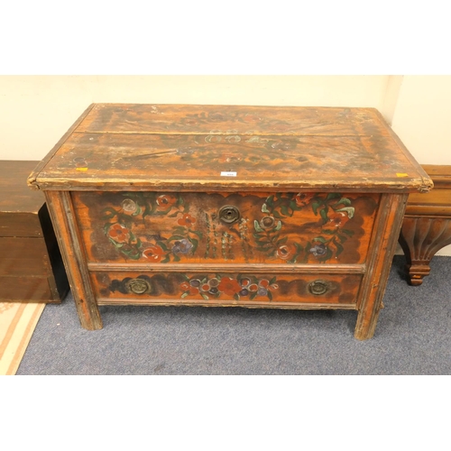 555 - Scandinavian painted pine chest, painted with flowers and dated 1882, width 98cm x depth 54cm x heig... 