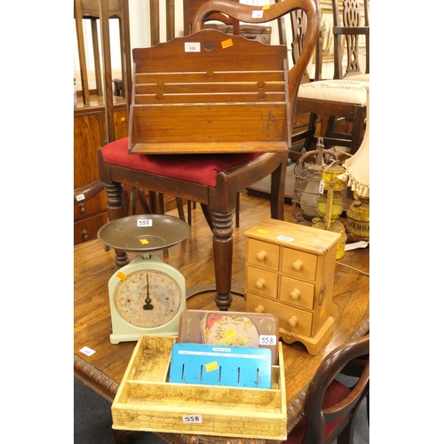 558 - Victorian walnut stationery box, Salter scales, hand scythe, modern pine spice chest etc