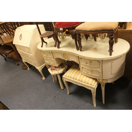 571 - French style white painted kidney shaped dressing table with stool; also a white painted bureau and ... 