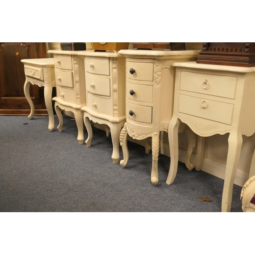 576 - Pair of white painted three drawer bedside chests in the French style, two further bedside chests an... 