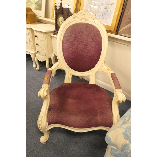 586 - Cream painted and upholstered cameo back armchair