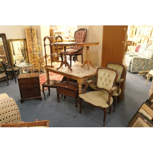 597 - Pair of French style upholstered armchairs; also two Italian inlaid pedestal tables, a towel rail, m... 