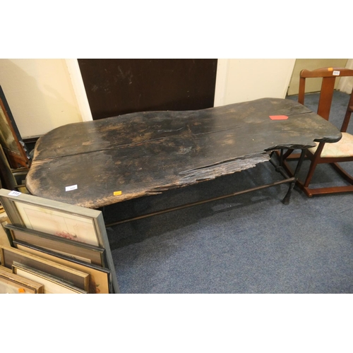 600 - Rough hewn timber topped and metal framed coffee table