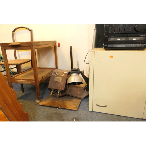 610 - Vintage tea trolley, cane seated side chair, photographic enlarging equipment and metal cabinet