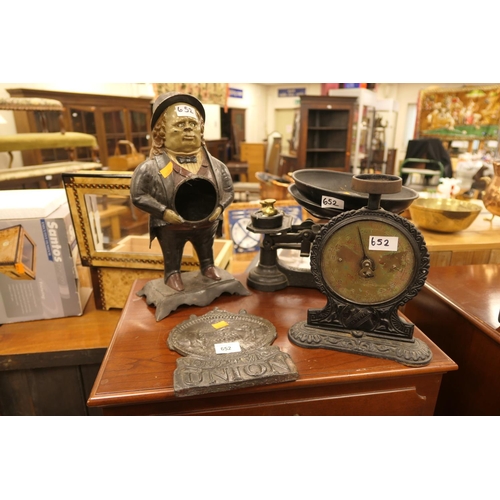 652 - German figural spelter clock case; also Salter family scales, cast iron Norwich Union reproduction f... 