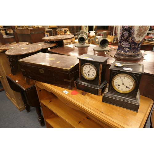 668 - Victorian mahogany and brass bound box and two French polished slate mantel clocks (3)