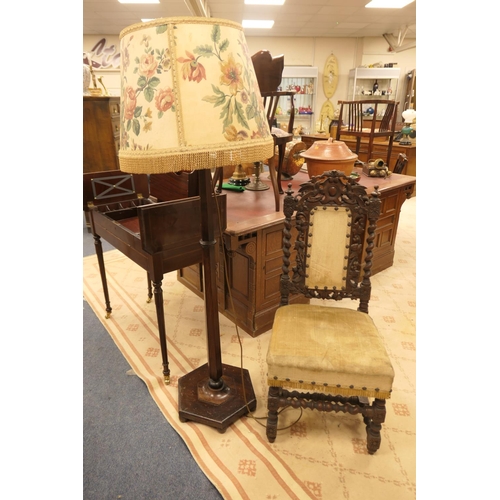 672 - Mahogany hexagonal column standard lamp and a Victorian carved oak and upholstered side chair (2)