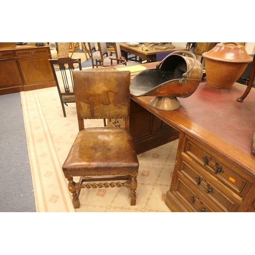 678 - Leather upholstered oak side chair and a copper coal scuttle (2)