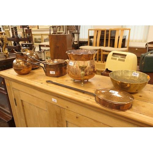 705 - Two copper saucepans, copper cream can, copper chestnut roaster, Chinese chiselled brass bowl, coppe... 