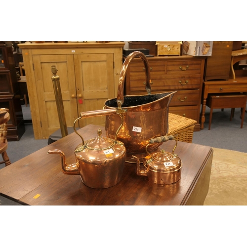 711 - Victorian copper helmet shaped coal scuttle, Victorian copper kettle and a range kettle (3)