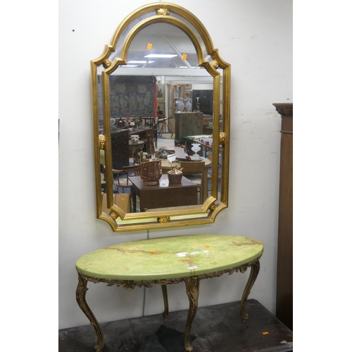 732 - Decorative gilt framed wall mirror; also a faux green onyx oval coffee table (2)