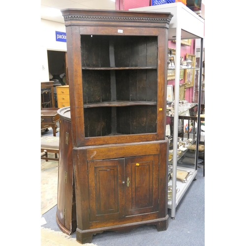 737 - Late George III provincial oak freestanding corner cupboard with open shelves at the top, width 90cm... 