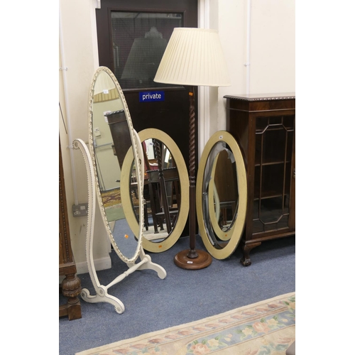 741 - French style white painted cheval mirror, two crackeleure cream framed oval wall mirrors and stained... 