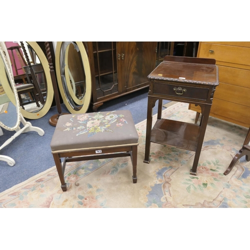 743 - Chippendale Revival mahogany two tier table and a mahogany stool with needlework seat (2)