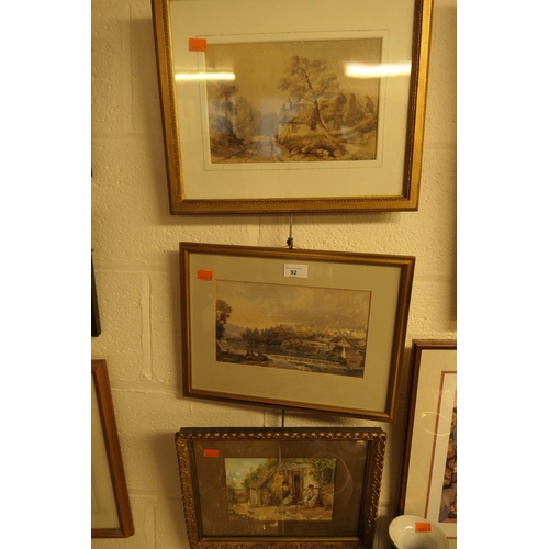 92 - S. Scott, oil on board, 'The seamstress', gilt framed; also two further watercolours, unsigned and f... 