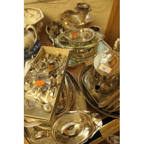 62 - Assorted silver plated wares including coasters, covered tureen, souvenir spoons, tea wares etc