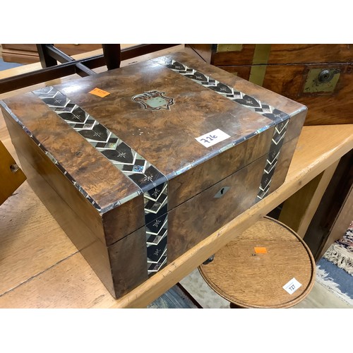 726 - Victorian walnut and brass bound writing box; also a further Victorian walnut writing box and an oak... 